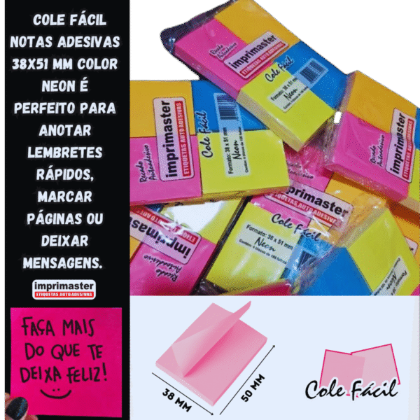 40 Blocos Recados Cole Fácil 38x50mm 4 Cores Neon - 4000 Folhas - Cores: Rosa, Azul, Laranja e Amarelo ( tons Neon) - Imagem 2