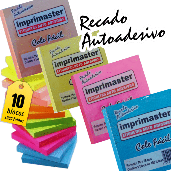 Kit 10 Blocos Recados 76x76mm Cole Fácil 4 Cores Neon 1000 Folhas | Cores: Rosa, Azul, laranja e Amarelo