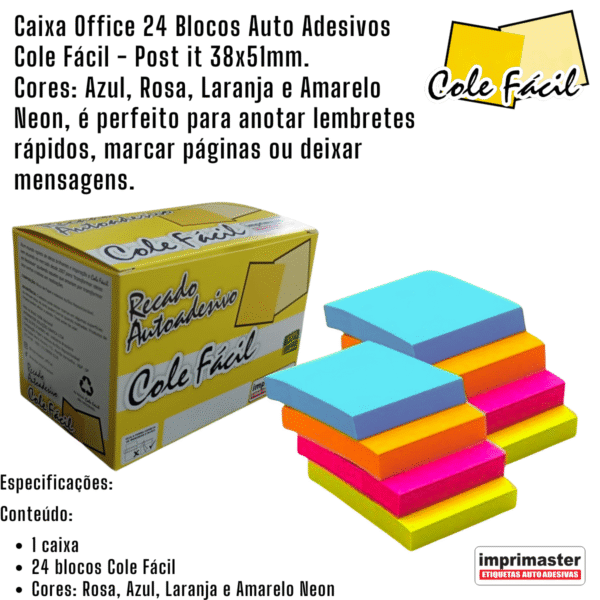 Kit 24 Blocos Adesivo Cole Fácil - Cores Neon 2400 Folhas | 4 Cores Cx Office - Imagem 2