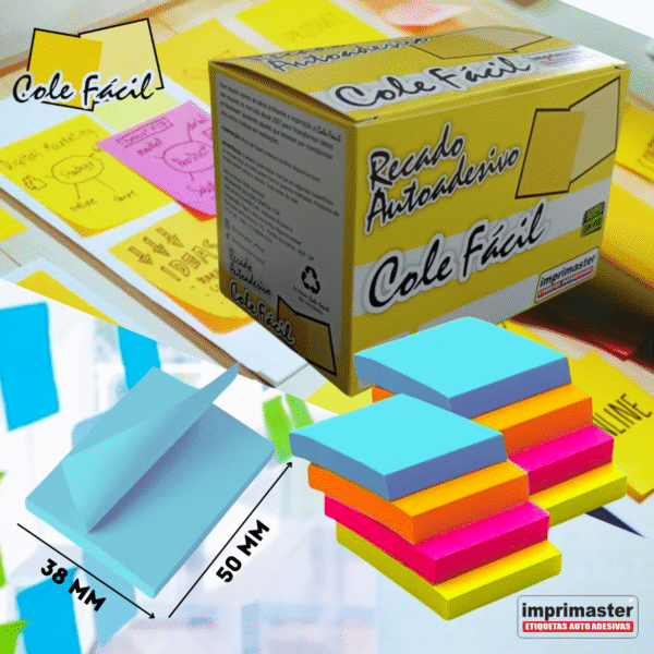 Kit 24 Blocos Adesivo Cole Fácil - Cores Neon 2400 Folhas | 4 Cores Cx Office - Imagem 3