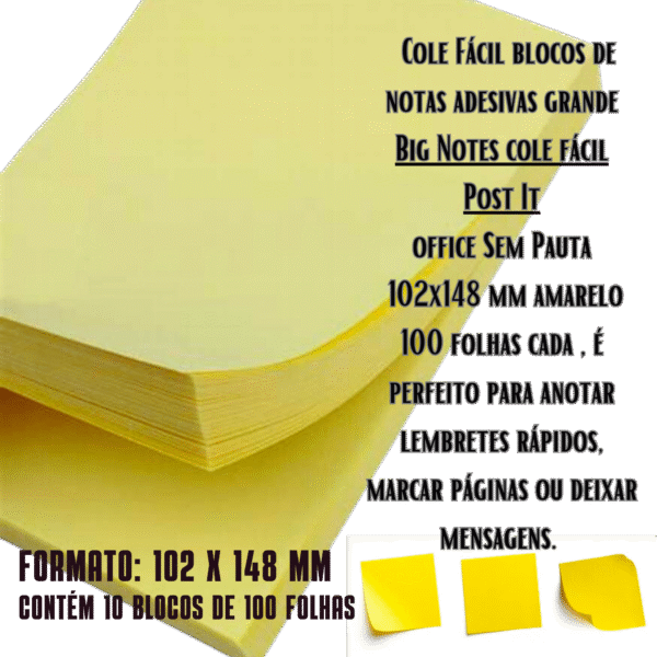 Kit 10 Blocos Recados Cole Fácil S/ Pauta 102x148 Mm - Big Notes Amarelo - 1000 Folhas - Imagem 3