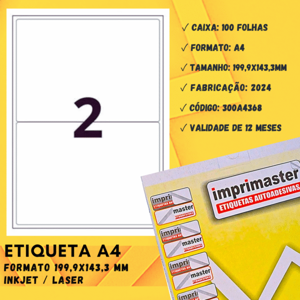 Etiqueta Adesiva Imprimaster 199,9 X 143,3 Mm | Modelo: A4 | CX 100 Folhas | 200 Etiquetas - Imagem 4