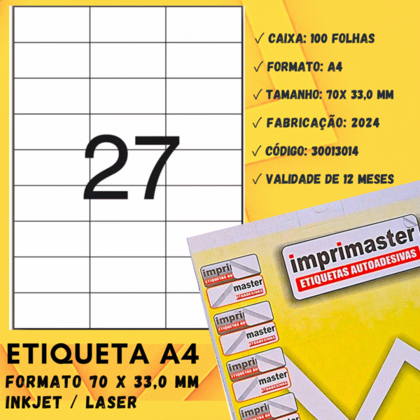 Etiqueta Adesiva Imprimaster A4 - 70 X 33,0mm - Cx 100 Folhas - 2700 Etiquetas - Imagem 3
