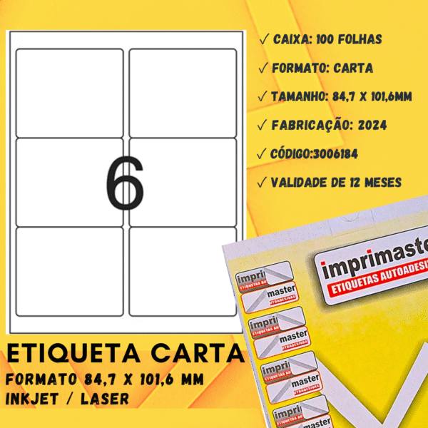 Etiquetas Adesivas Imprimaster Carta - 84,7x101,6mm - Cx 100 Folhas - 600 Etiquetas - Imagem 3