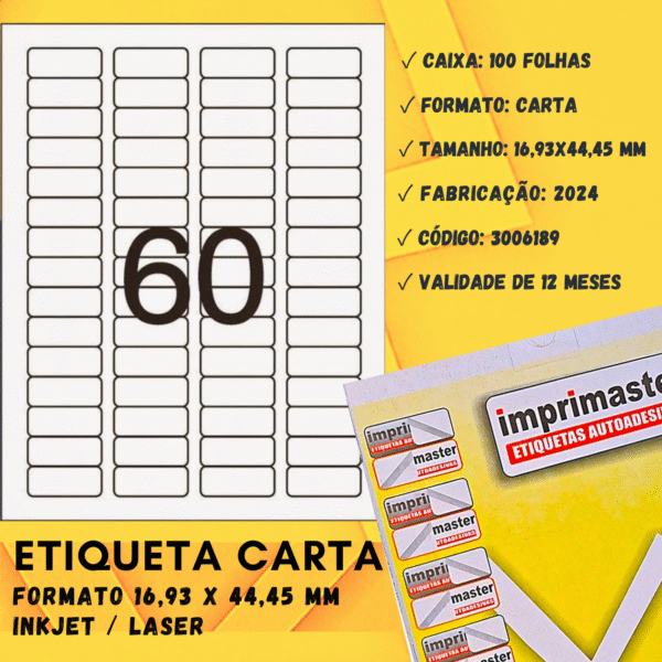 Etiqueta Adesiva Imprimaster Carta - 16,93 X 44,45 mm - Cx 100 Folhas - 6000 Etiquetas - Imagem 3
