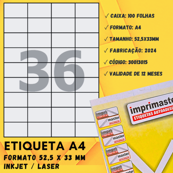 Etiquetas Adesivas Imprimaster A4 - 52,5 x 33 mm - Cx 100 Folhas - 3600 Etiquetas - Imagem 3