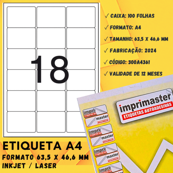 Etiquetas Adesivas Imrpmaster A4 - 63,5 x 46,6mm - Cx 100 Folhas - 1800 Etiquetas - Imagem 3