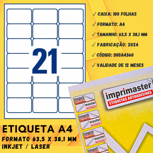 Etiquetas Adesivas Imprimaster A4 - 63,5 X 38,1mm - Cx100 Folhas - 2100 Etiquetas - Imagem 3