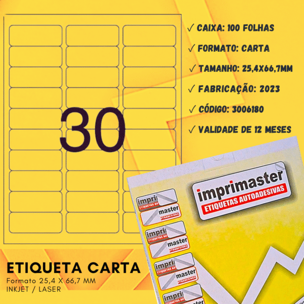Etiqueta Adesiva Imprimaster Carta - 25.4 X 66,7mm - Cx 100 Folhas - 3000 Etiquetas - Imagem 3