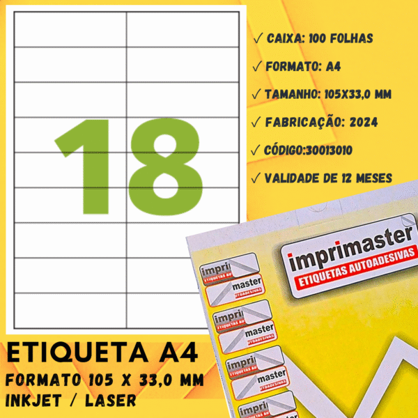 Etiquetas Adesivas Imprimaster A4 - 105 X 33 Mm | Cx 100 Folhas | 1800 Etiquetas - Imagem 3