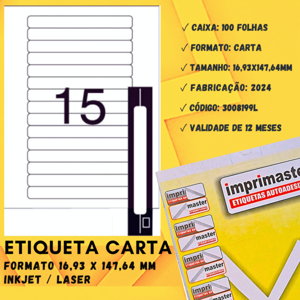 Etiquetas Adesivas Imprimaster Carta - 16,93 x 147,64 mm | Cx 100 Folhas | 1500 Etiquetas - Imagem 3