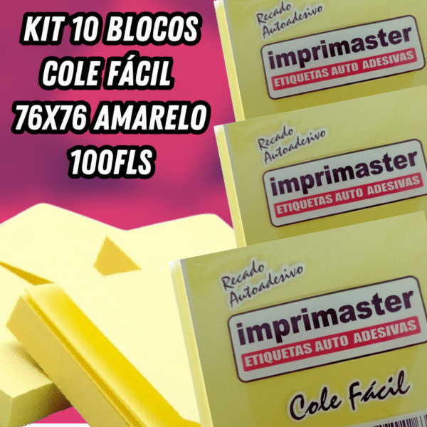 Kit 10 Blocos Adesivos Cole Fácil 76x76 Mm - Amarelo - 1000 Folhas - Imagem 2
