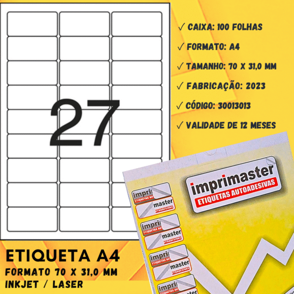 Etiquetas Adesiva Imprimaster A4 - 70 x 31,0mm - Cx 100 Folhas - 2700 Etiquetas - Imagem 3