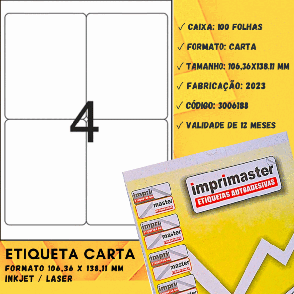 Etiqueta Adesiva Imprimaster Carta - 106,36 X 138,11mm - Cx 100 Folhas - 400 Etiquetas - Imagem 3