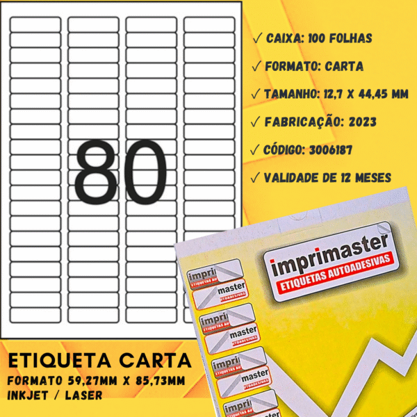 Etiqueta Adesiva Imprimaster Carta - 12,7 X 44,45mm - Cx 100 Folhas - 8000 Etiquetas - Imagem 3