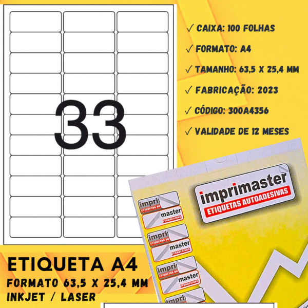 Etiqueta Adesiva Imprimaster A4 - 63,5 X 25,4mm - Cx 100 Folhas - 3300 Etiquetas - Imagem 3