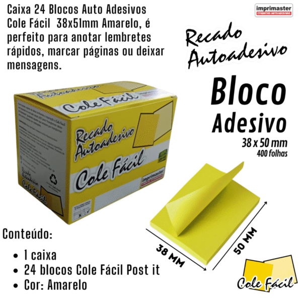 Kit 24 Blocos Adesivo Cole Fácil - Amarelo 2400 Folhas - Cx Office - Imagem 2