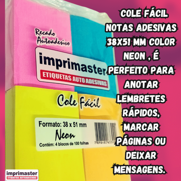 40 Blocos Recados Cole Fácil 38x50mm 4 Cores Neon - 4000 Folhas - Cores: Rosa, Azul, Laranja e Amarelo ( tons Neon) - Imagem 4