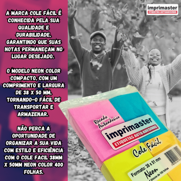 40 Blocos Recados Cole Fácil 38x50mm 4 Cores Neon - 4000 Folhas - Cores: Rosa, Azul, Laranja e Amarelo ( tons Neon) - Imagem 6