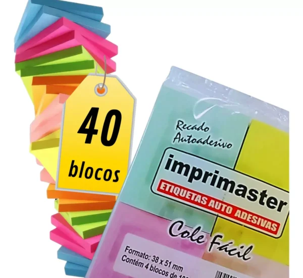 Kit 40 Blocos Recados Cole Fácil 38x50mm Colorido 100fls
