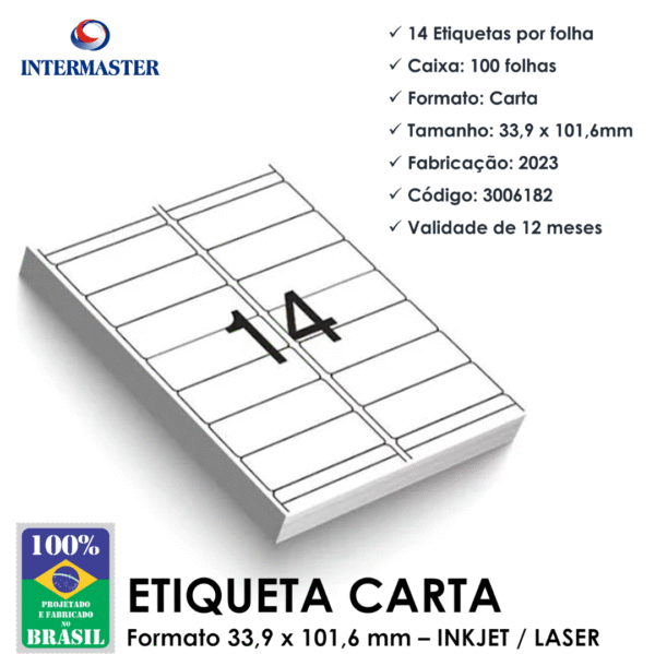 Etiquetas Adesivas Imprimaster Carta - 33,9 X 101,6mm - Cx 100 Folhas - 1400 Etiquetas - Imagem 3