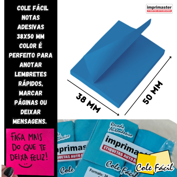 40 Blocos Recados Cole Fácil 38x50mm - Azul Neon - 4000 Folhas - Imagem 3