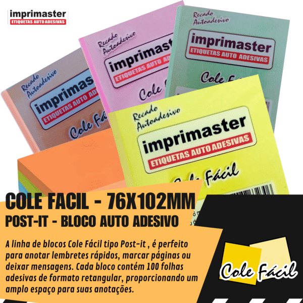 10 Blocos Recados Cole Fácil 76x102mm 4 Cores - 1000 Folhas - Cores: Amarelo, Verde, Rosa e Laranja (tons Pasteis) - Imagem 2