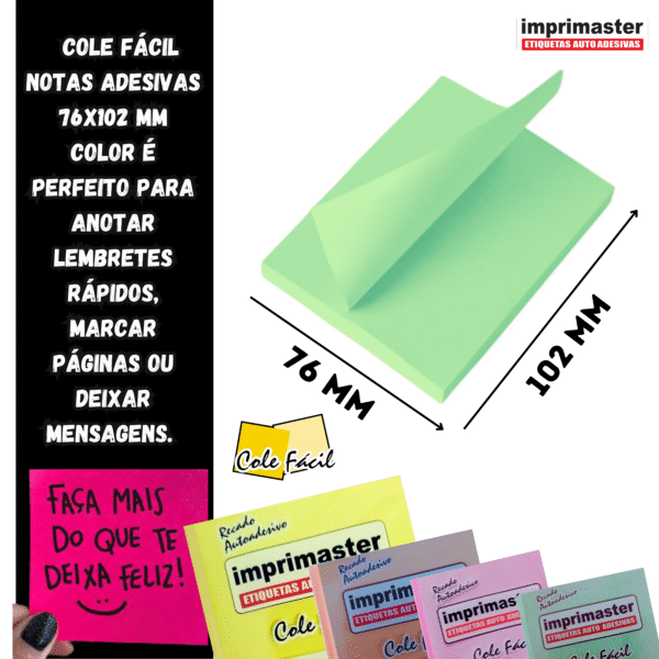 10 Blocos Recados Cole Fácil 76x102mm 4 Cores - 1000 Folhas - Cores: Amarelo, Verde, Rosa e Laranja (tons Pasteis) - Imagem 3