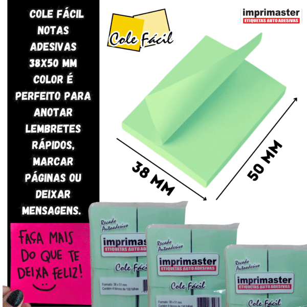 40 Blocos Recados Cole Fácil 38x50mm - Verde Claro (Pastel) - 4000 Folhas - Imagem 3