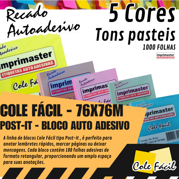 10 Blocos Recados Cole Fácil 76x76mm 5 Cores Pasteis - 1000 Folhas - Cores: Rosa, Azul, Laranja, Verde e Amarelo - Imagem 2