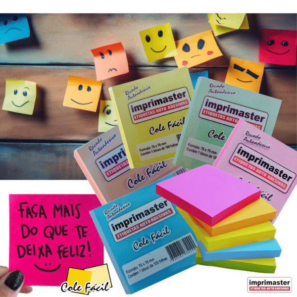 10 Blocos Recados Cole Fácil 76x76mm 5 Cores Pasteis - 1000 Folhas - Cores: Rosa, Azul, Laranja, Verde e Amarelo - Imagem 3