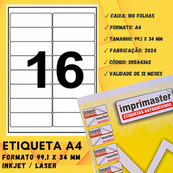Etiquetas Adesivas Imprimaster A4 - 99,1 X 34 mm - Cx 100 Folhas - 1600 Etiquetas - Imagem 3