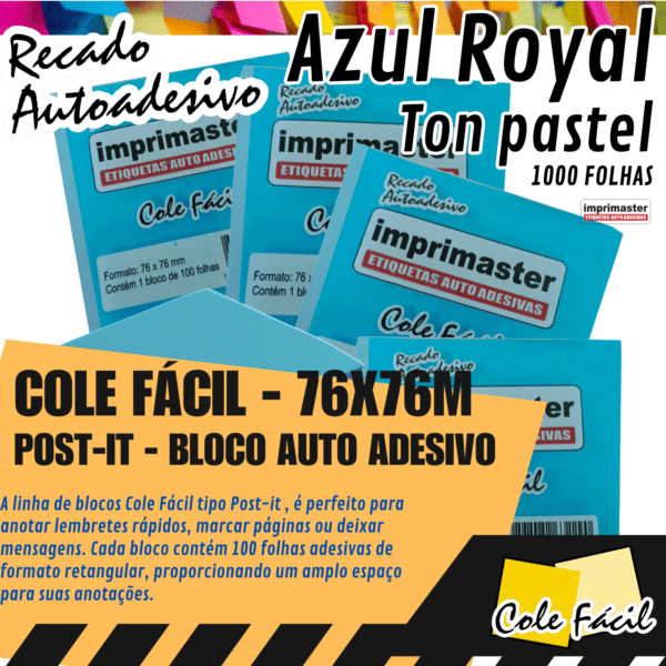10 Blocos Recados Cole Fácil 76x76mm - Azul Royal - 1000 Folhas - Imagem 2