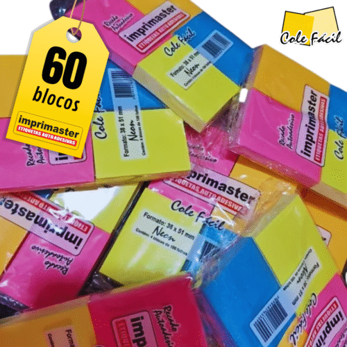 60 Blocos Recados Cole Fácil Neon 38x50mm 6000 Folhas Cores: Rosa, Azul, Laranja e Amarelo Neon